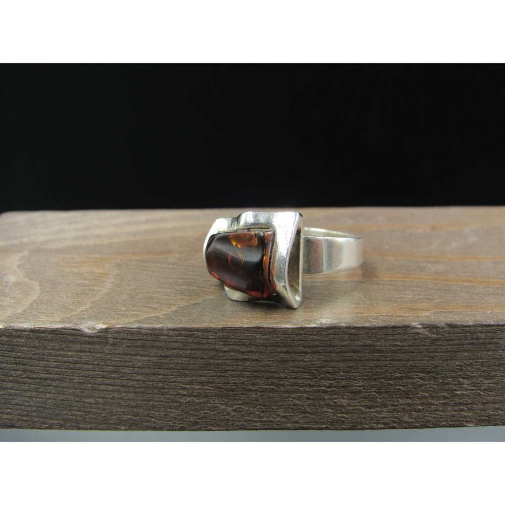 Size 6.5 Sterling Silver Abstract Dark Amber Band Ring Vintage Statement - Picture 3 of 9